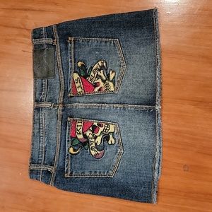 Vtg Ed Hardy Love Kills Rhinestone denim mini skirt 28
